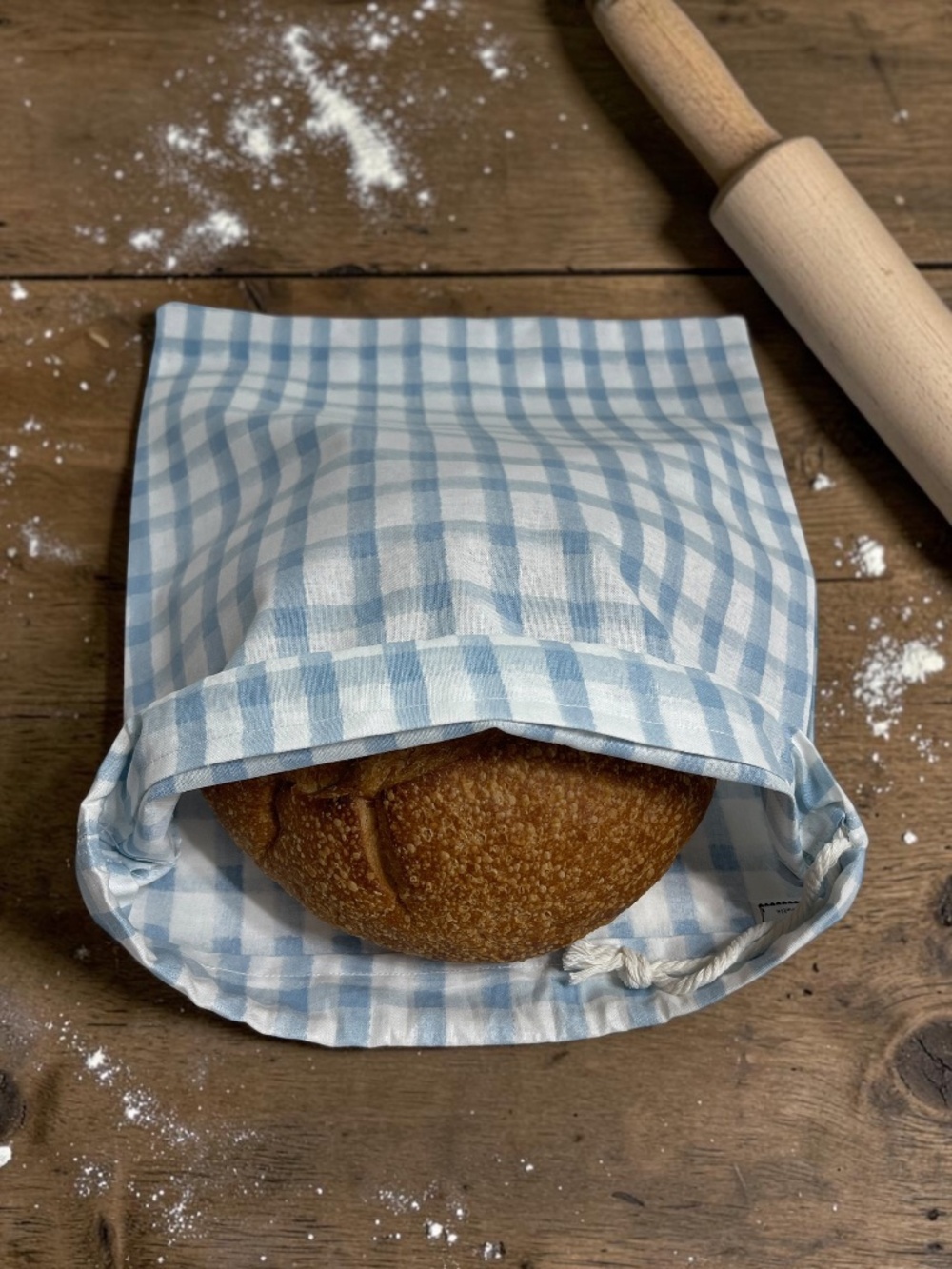 Organic Light Blue Plaid Bread Bag, Farmhouse Eco-Friendly Reusable Cotton Bread